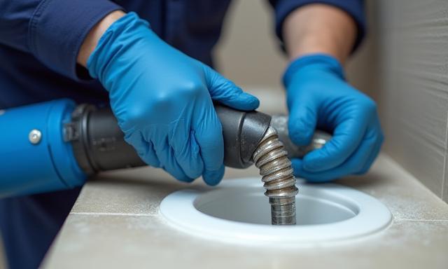 Plumber operating a drain snake to clear a clogged pipe.