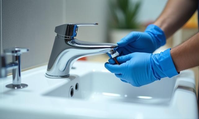 New kitchen faucet being installed by a skilled plumber.