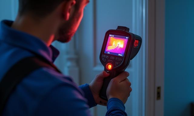 Plumber using thermal imaging for precise leak detection.