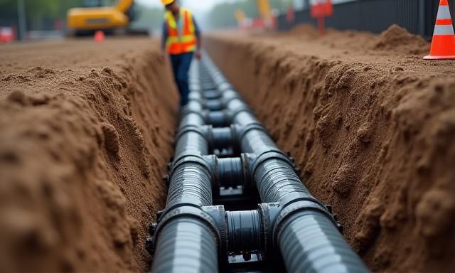 Underground pipe work for a new sewer line installation.