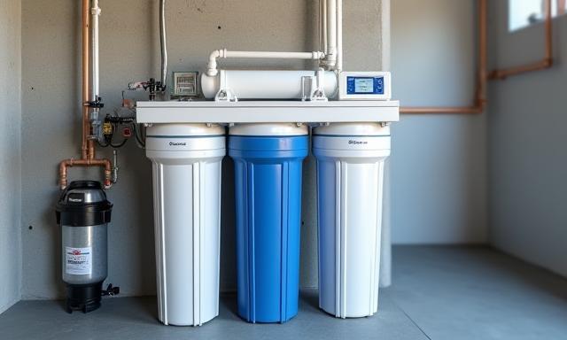 Modern water filtration system installed in a utility closet.
