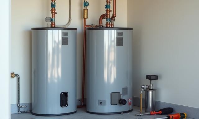 Installation of a new, efficient water heater in a home.